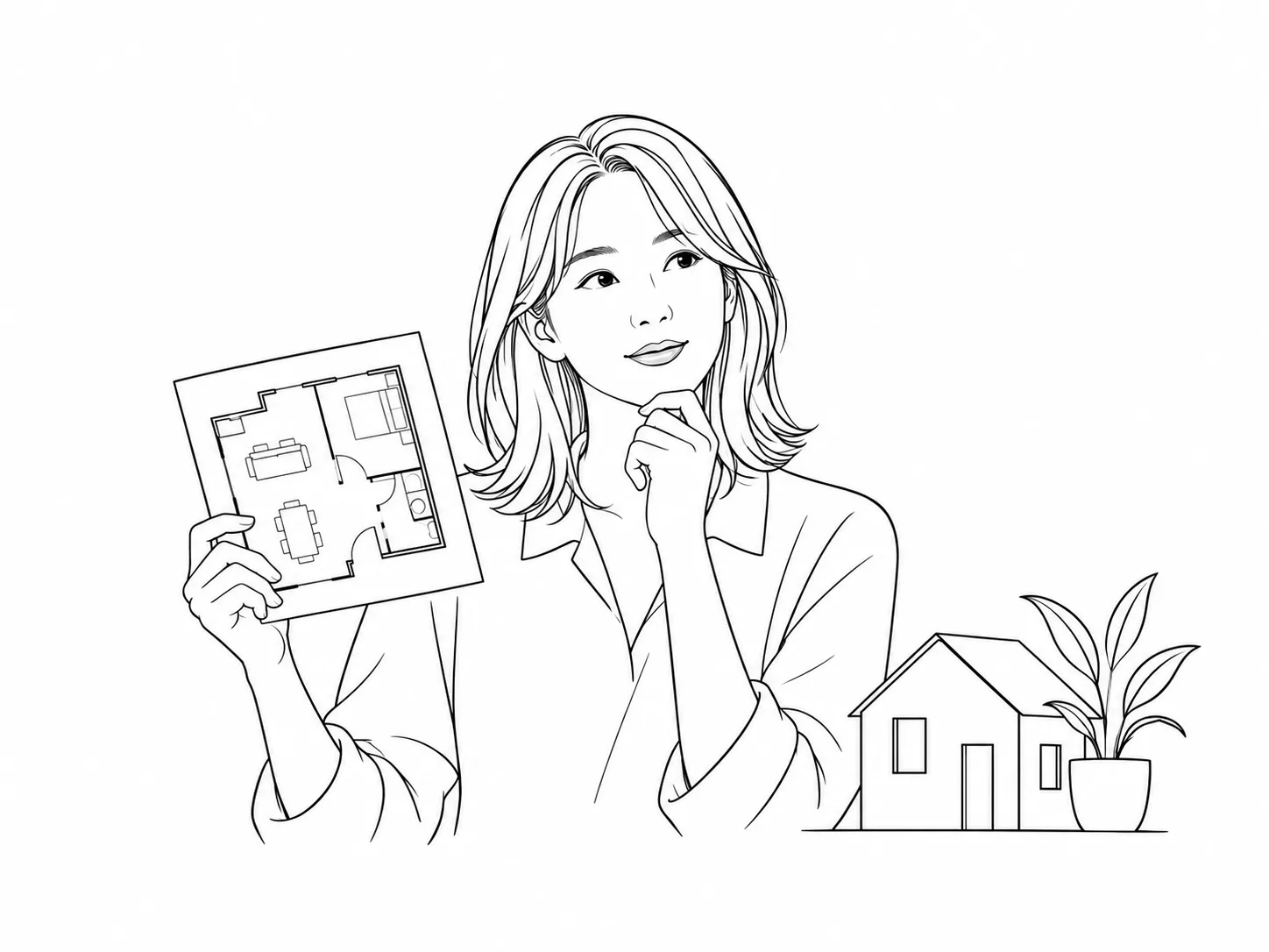 집 도면과 공간을 살펴보는 인물 선화